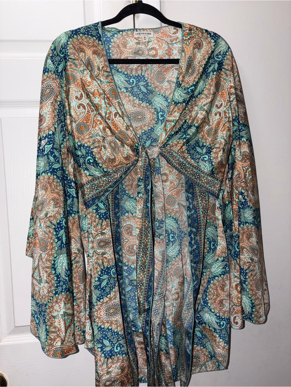 Earthbound Blouse in Teal & Tan multi wear kimono sleeve with tie